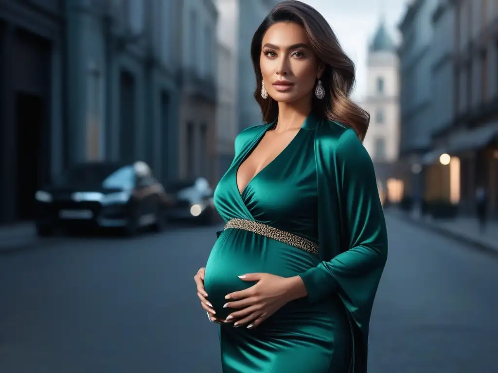 Maternidad chic: mujer embarazada empoderada en entorno urbano moderno Una imagen de moda maternal, donde una mujer embarazada irradia autoestima y confianza en un atuendo moderno y elegante