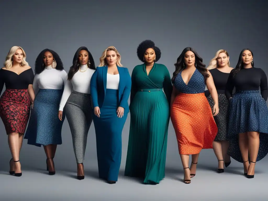 Moda plussize: diversidad y estilo en pantalones y faldas vibrantes Una imagen de moda plus size con prendas esenciales para el armario, mostrando diversidad y estilo propio