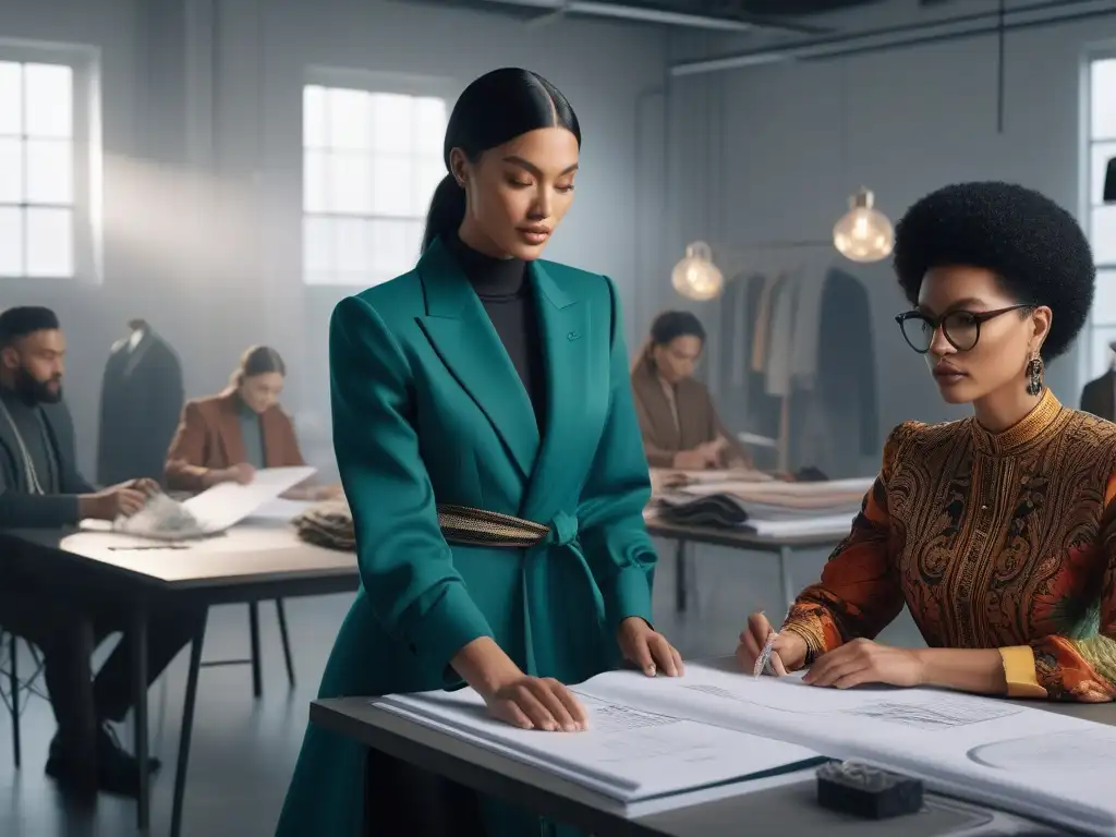 Diseñadores de moda creativos y diversos en estudio sostenible Una imagen de moda sostenible con diseñadores diversos trabajando juntos en un estudio brillante