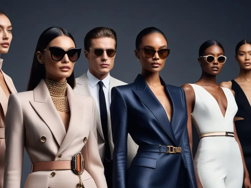 Estilo inclusivo: modelos de moda lucen accesorios de lujo en pasarela Una imagen de modelos desfilando con accesorios de alta gama inclusivos en una pasarela moderna y elegante