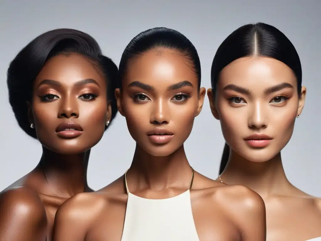 Modelos de belleza diversa con estilo y elegancia Una imagen de modelos diversos mostrando productos de belleza de lujo, reflejando tendencias inclusivas en moda