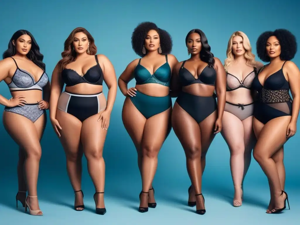 Desfile de modelos plussize empoderadas en lencería chic Una imagen de modelos plus size seguras y diversas posando juntas en lencería elegante y moderna