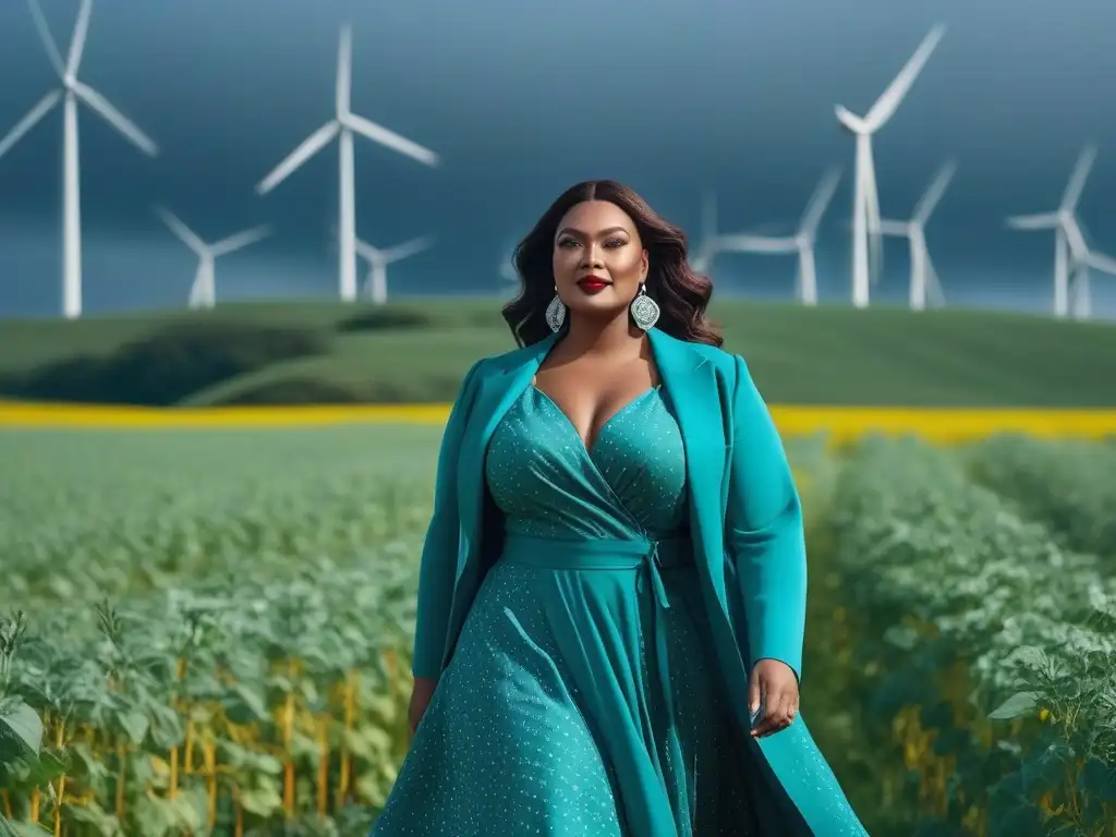 Empoderamiento y belleza: modelos plussize en moda sostenible Una imagen de modelos pluzsize seguros en campo verde con molinos, representando la producción sostenible tallas grandes