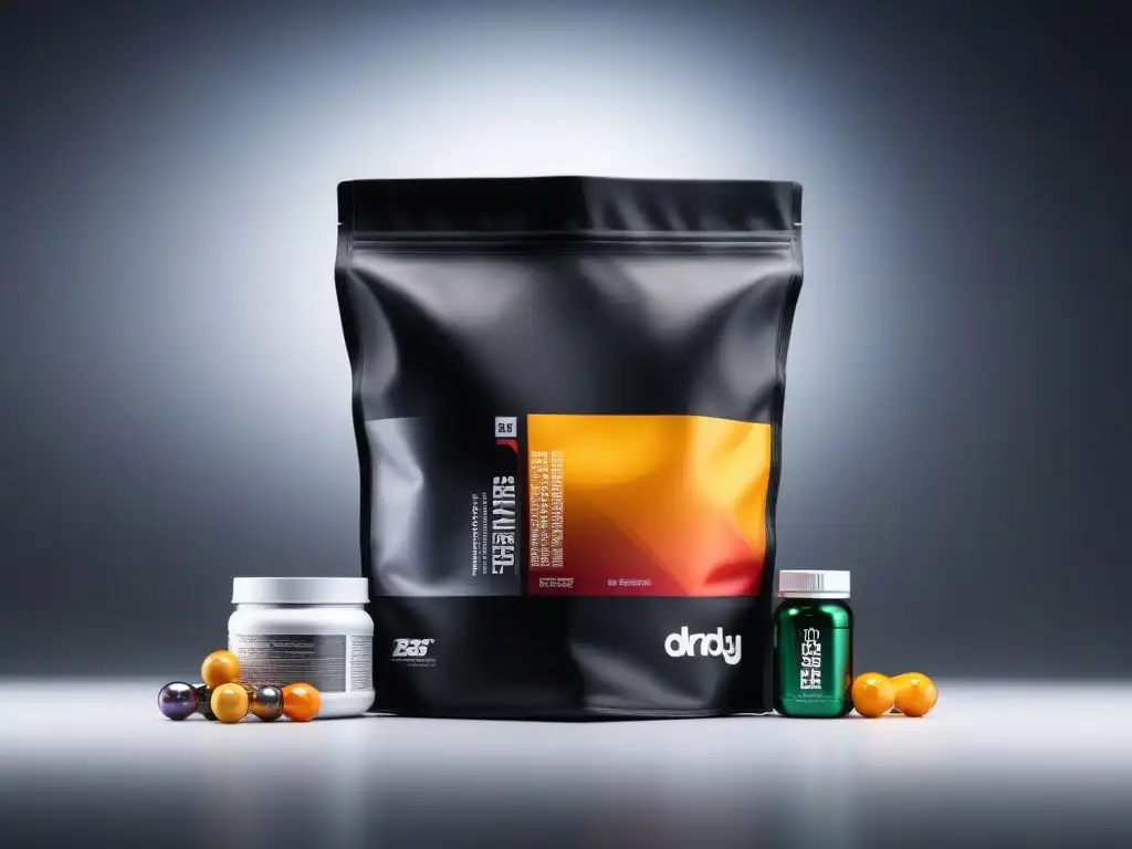 Suplementos de alto rendimiento en bolsa de gimnasio futurista Una imagen moderna de suplementos preentreno de alta gama organizados en una bolsa de gimnasio futurista