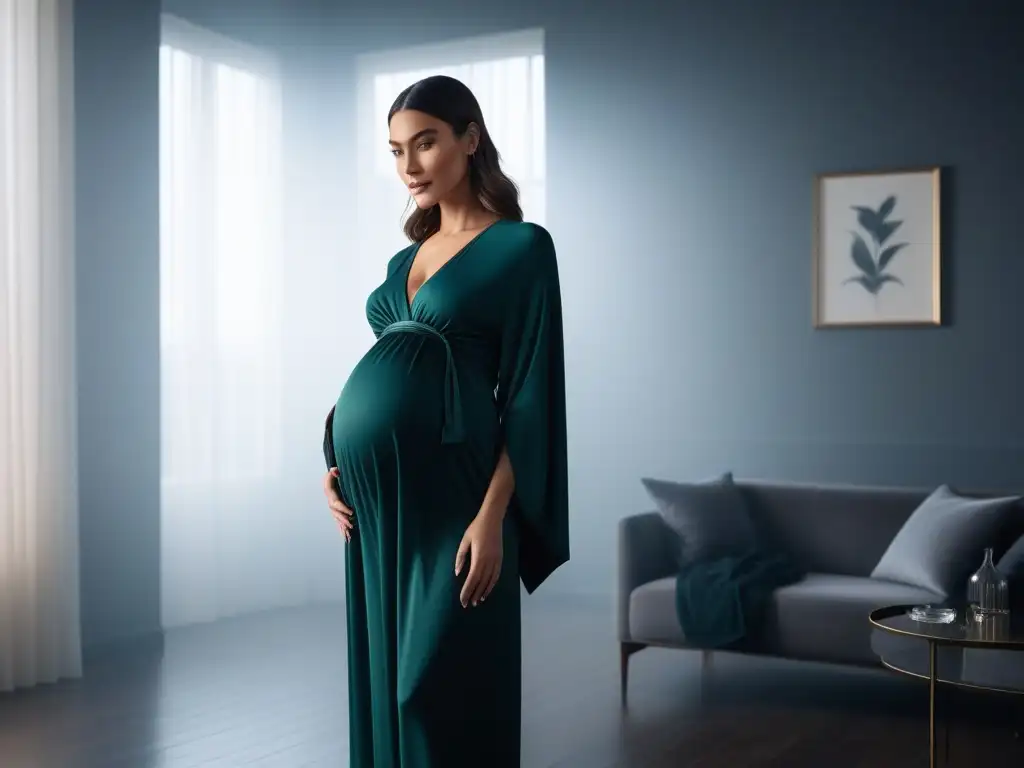 Moda gestante: elegancia y confort para la mujer empoderada Imagen de mujer embarazada con ropa especializada para mejorar postura, en ambiente sereno y elegante