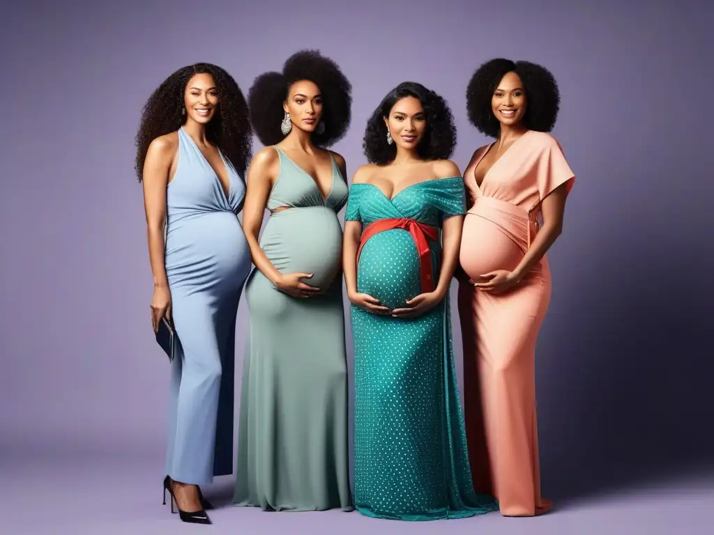 Maternidad inclusiva: mujeres orgullosas lucen moda diversa Una imagen de mujeres embarazadas de diversas etnias y tallas, modelando moda de maternidad inclusiva, en un estudio moderno y luminoso