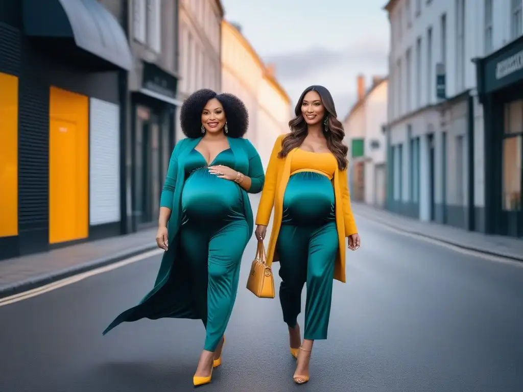 Moda prenatal: mujeres embarazadas luciendo con estilo Una imagen de mujeres embarazadas luciendo moda premamá para diferentes tipos de cuerpo, transmitiendo confianza y empoderamiento