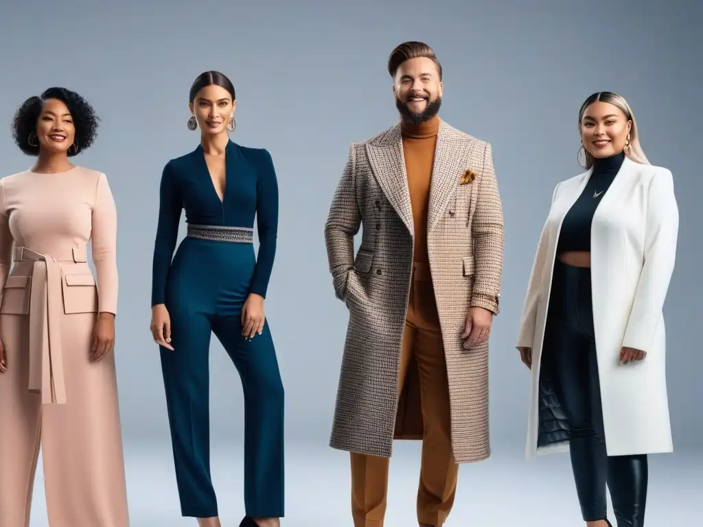 Moda inclusiva: Sonrisas y estilo para todos Una imagen de personas sonrientes de diversas edades, géneros y tipos de cuerpo posando con confianza en ropa adaptativa elegante e innovadora