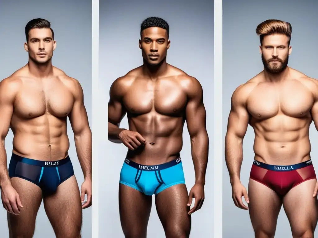 Variedad masculina: Modelos seguros en ropa interior inclusiva Una imagen potente de hombres diversos modelando ropa interior masculina inclusiva, en un ambiente minimalista