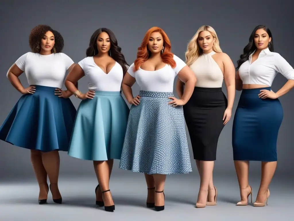 Estilos de faldas plussize para cada cuerpo: empoderamiento y diversidad Una imagen potente de mujeres seguras y diversas, luciendo faldas plus size para diferentes tipos de cuerpo, en un escenario moderno y elegante