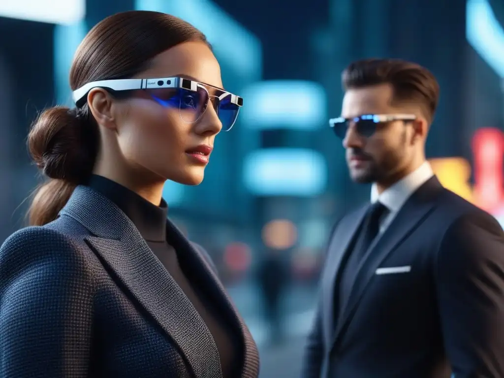 Profesionales urbanos con smart glasses modernos y elegantes Una imagen de profesionales con gafas inteligentes de diseño en ambiente urbano glamuroso