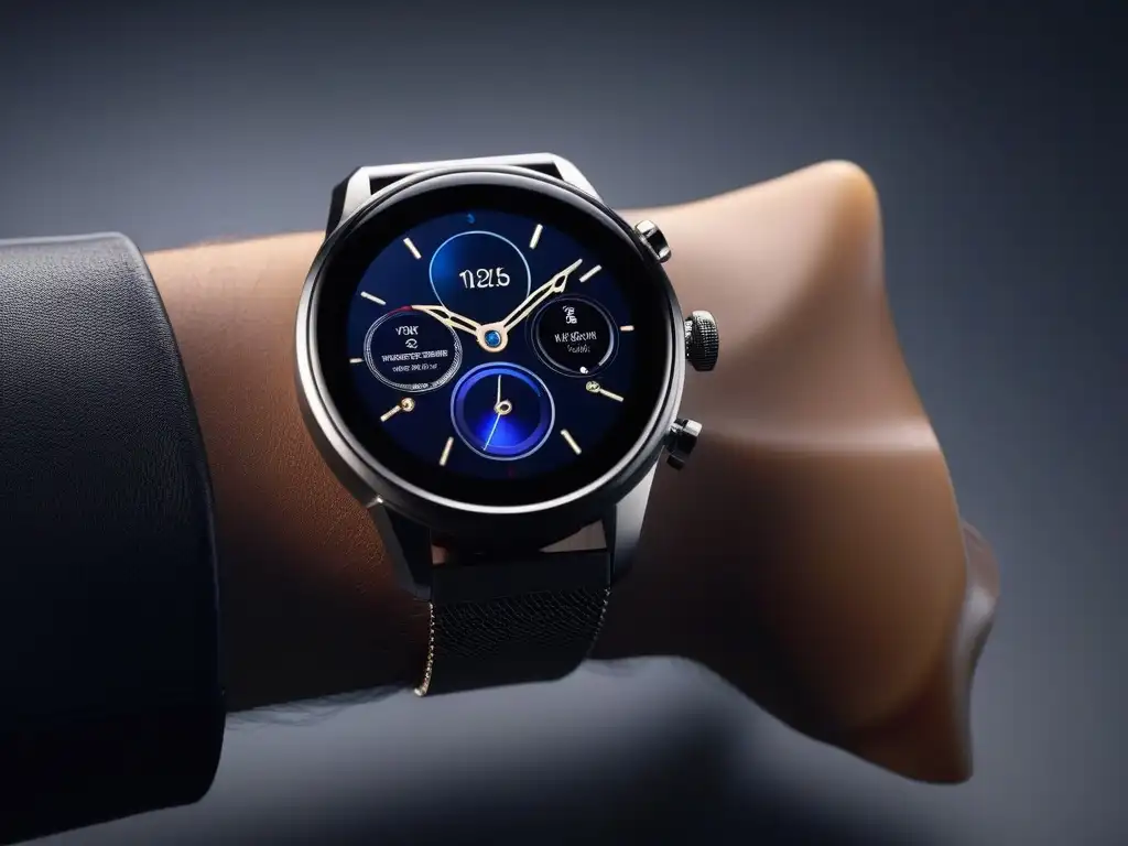 Smartwatch de lujo: diseño futurista en titanio y cristal de zafiro Una imagen de un reloj inteligente futurista de alta gama con diseño elegante y funciones avanzadas