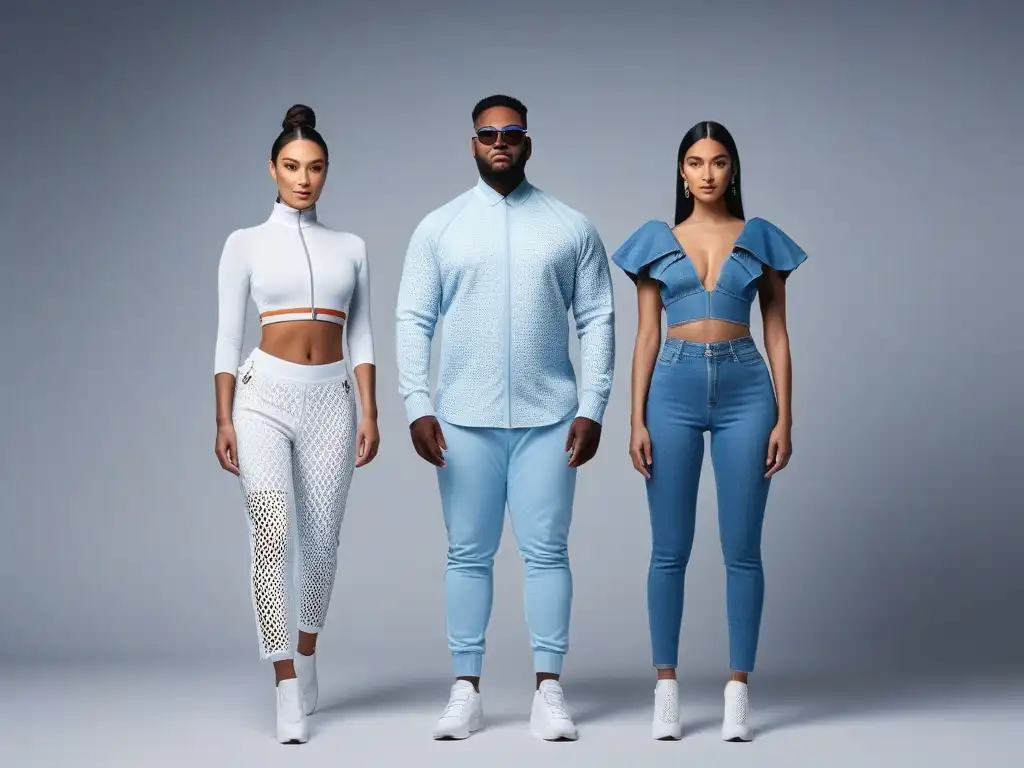 Una imagen de alta resolución muestra modelos diversos usando wearables premium en un ambiente innovador y elegante, representando la moda inclusiva