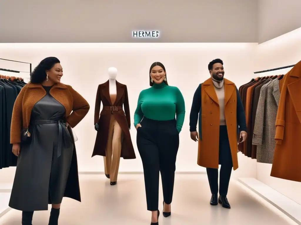 Exclusiva moda plussize: Empoderamiento y sofisticación en Hermès Una imagen de inclusión de tallas en Hermès: grupo diverso y elegante de personas de tallas grandes disfrutando de compras en la lujosa tienda