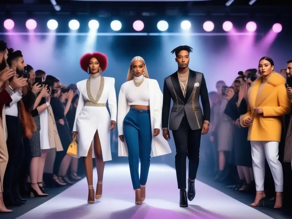 Desfile de moda trans y no binario: diversidad y empoderamiento Una imagen 8k ultradetallada de personas trans desfilando con looks impactantes en una pasarela de moda, irradiando empoderamiento y confianza