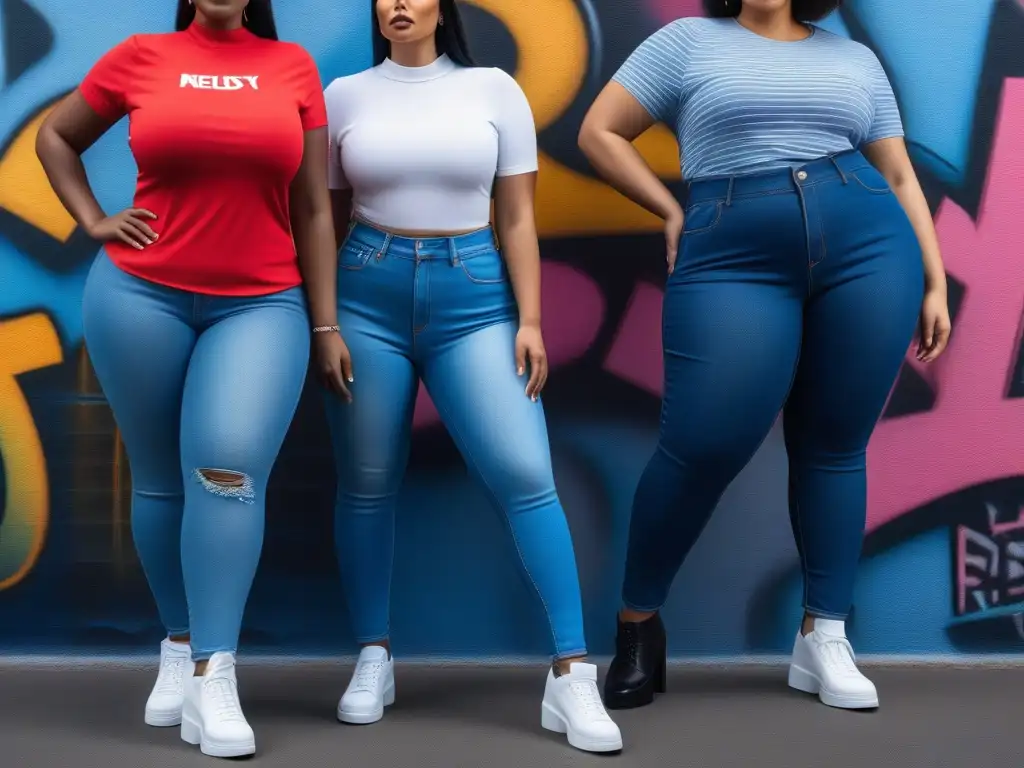 Estilo único: diversidad de cuerpos y jeans en la ciudad Una imagen urbana con diversidad de cuerpos y estilos de jeans, representando inclusividad y moda