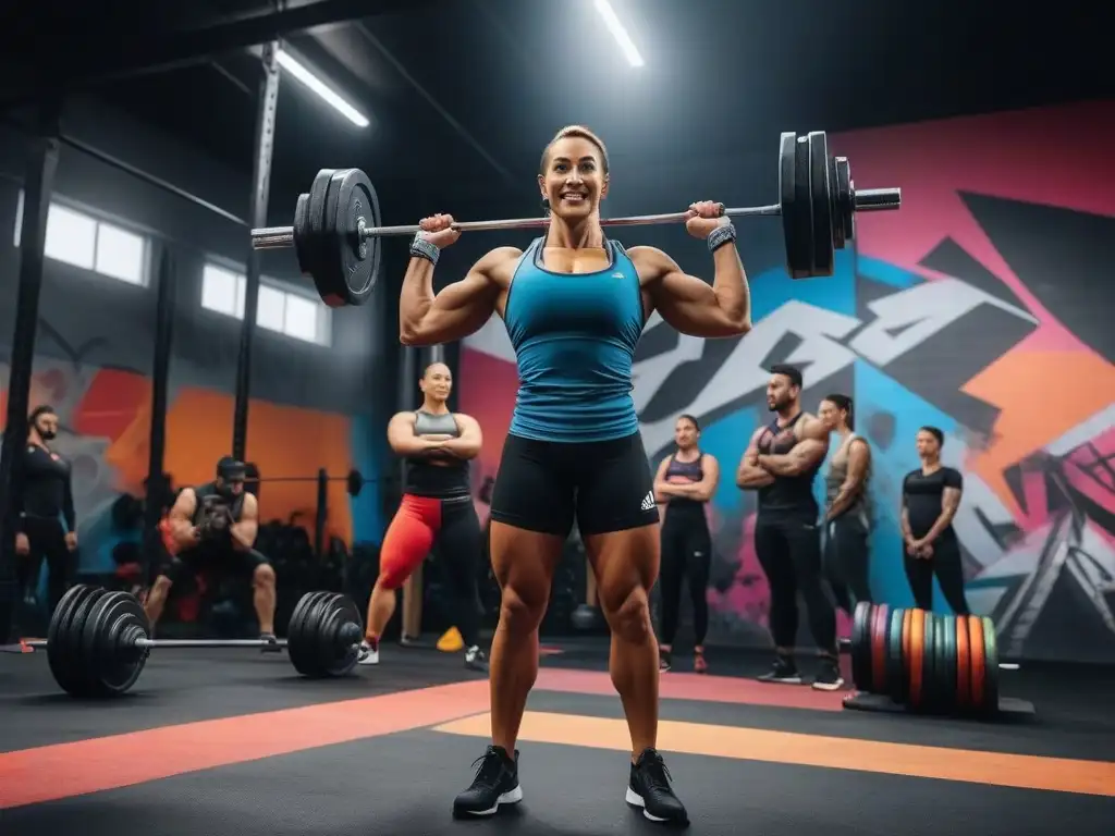 Clase de Crossfit inclusiva: diversidad y energía en el gimnasio moderno Una imagen vibrante de atletas diversos en un gimnasio moderno de Crossfit, levantando pesas y creando un ambiente inclusivo y comunitario