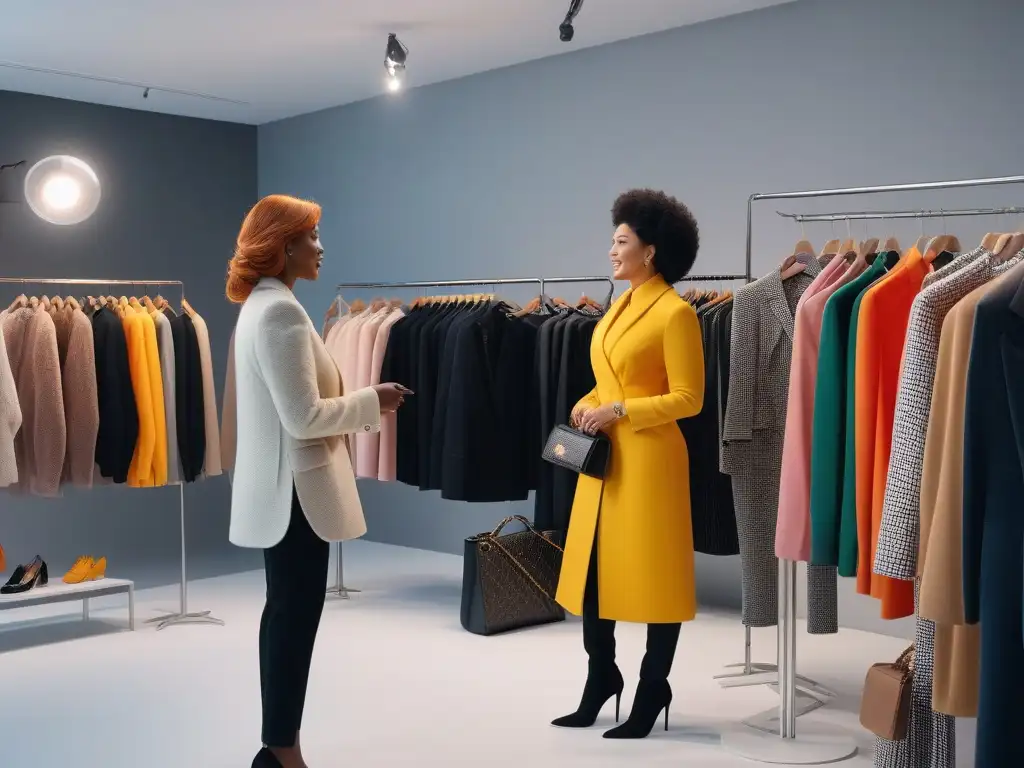 Encuentro inclusivo de diseñadores y clientes en boutique de moda Una imagen vibrante de diseñadores de moda y clientes diversos en una boutique chic, escuchando feedback clientes mejora moda inclusiva