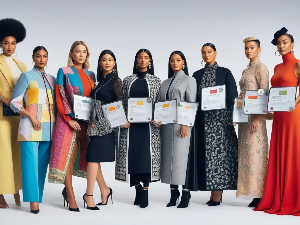 Diseñadores de moda sostenible unidos con certificaciones transparentes Una imagen vibrante de diseñadores de moda diversos sosteniendo certificaciones transparentes que benefician la moda diversa