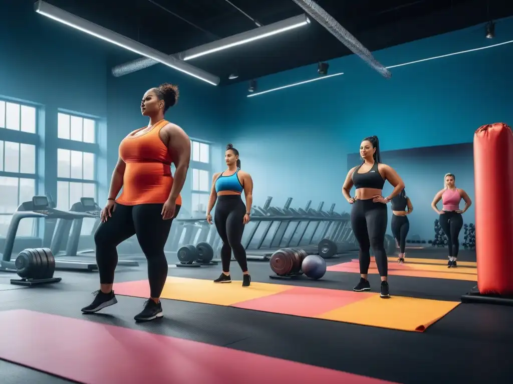 Diversidad y empoderamiento: Ejercicio inclusivo en el gym Una imagen vibrante y diversa de entrenamiento para cuerpos plus size en un gimnasio inclusivo y motivador
