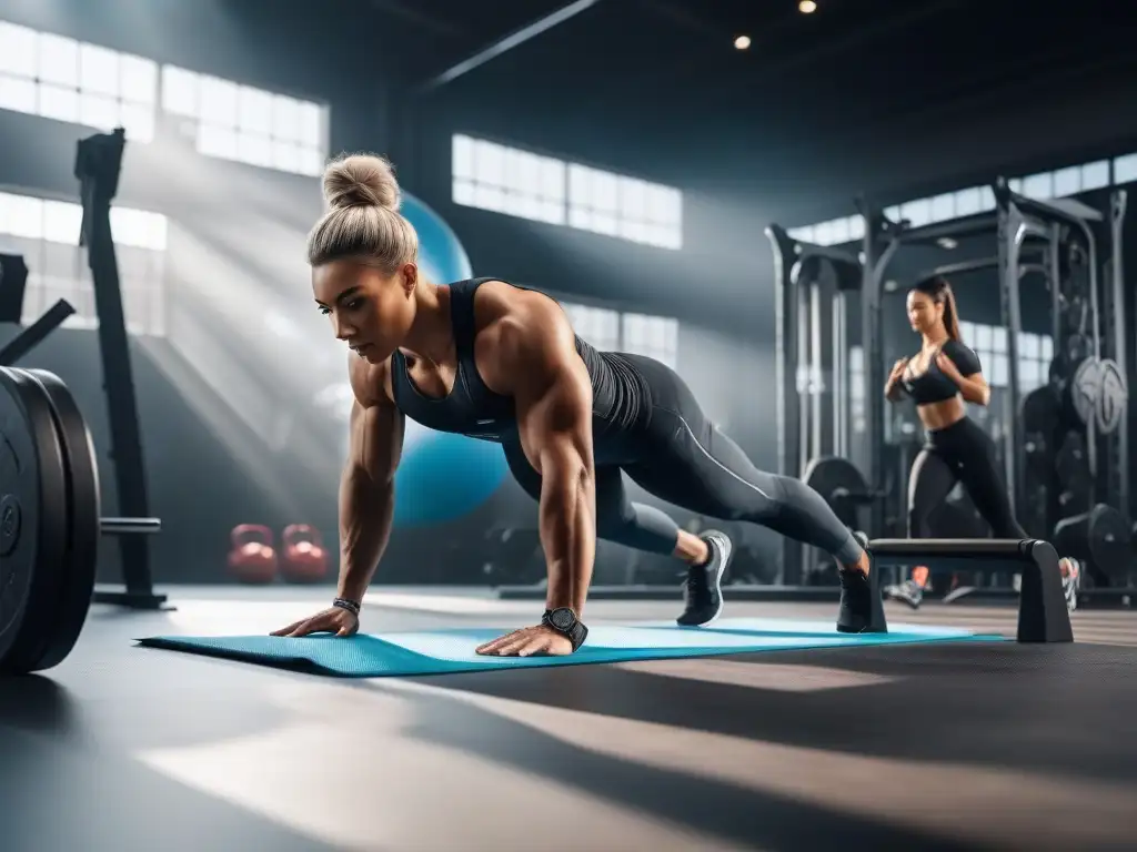 Grupo diverso en acción: fitness y determinación en el gimnasio Una imagen vibrante y diversa de personas realizando actividades saludables en un gimnasio moderno, mostrando determinación y enfoque