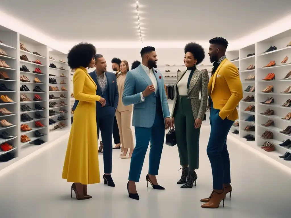 Diversidad y alegría probando zapatos en tienda inclusiva Una imagen vibrante de diversidad en una tienda de zapatos moderna e inclusiva