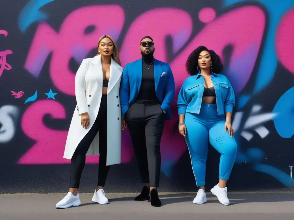 Influencers de moda: diversidad y empoderamiento en la ciudad Una imagen vibrante de influencers de moda inclusiva en entorno urbano con arte callejero, transmitiendo individualidad y empoderamiento