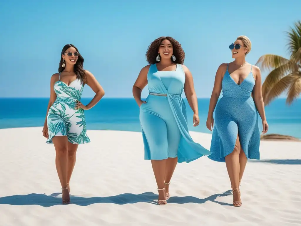 Moda veraniega inclusiva y vibrante en la playa Una imagen vibrante de moda adaptativa verano tallas especiales en la playa, con diversidad y estilo