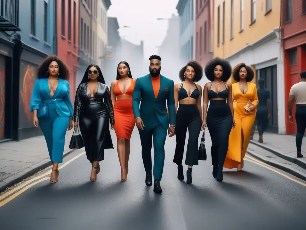 Desfile de diversidad urbana: moda inclusiva y empoderamiento Una imagen vibrante de moda inclusiva para todos los cuerpos, con personas diversas caminando con confianza por la ciudad