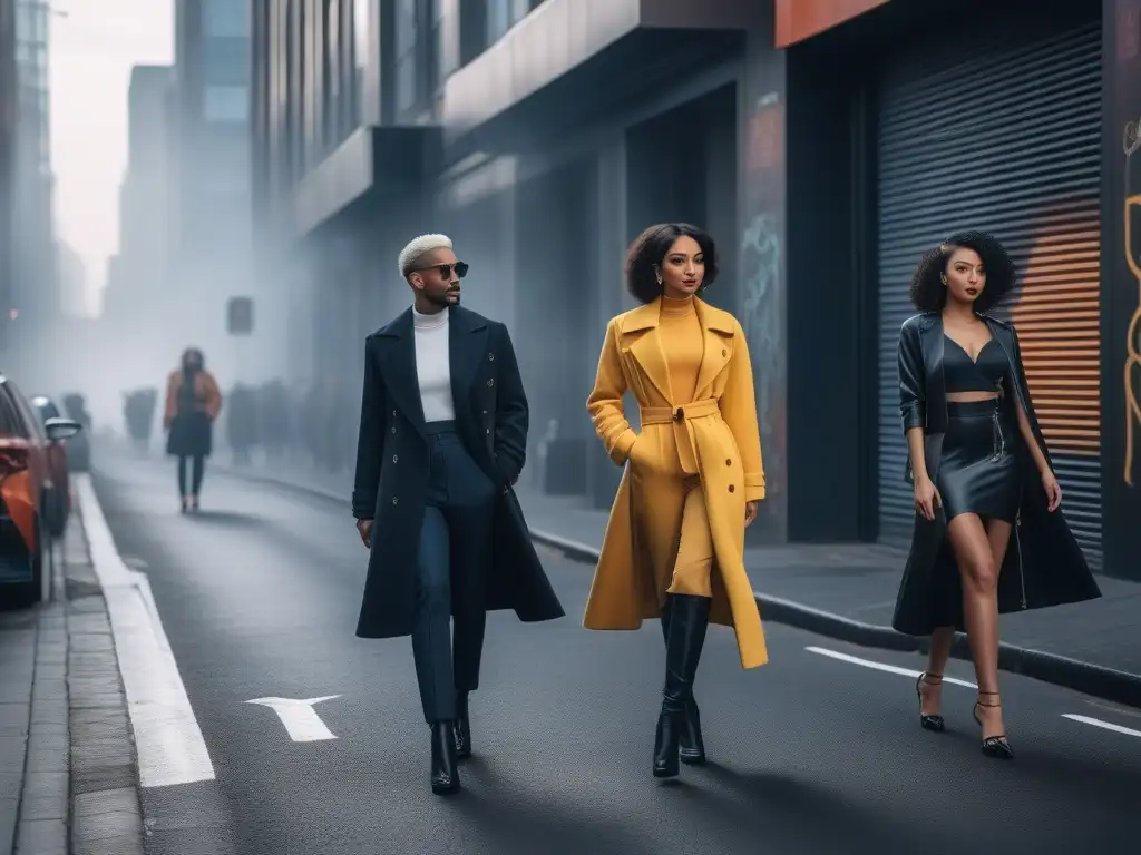 Moda Petite: Diversidad urbana y estilo en la gran ciudad Una imagen vibrante de moda petite inclusiva con personas seguras y a la moda caminando por la ciudad