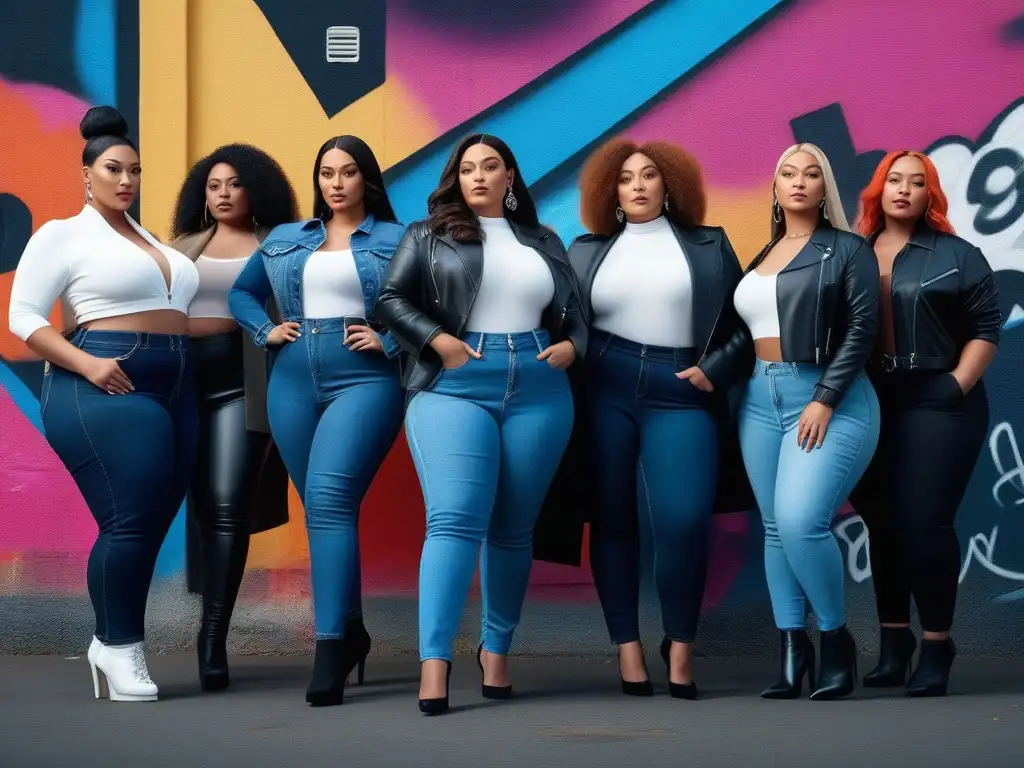 Moda inclusiva: Pluzsize con estilo en la calle Una imagen vibrante de moda urbana, con personas seguras de diferentes tallas y etnias luciendo los mejores jeans para figura plus