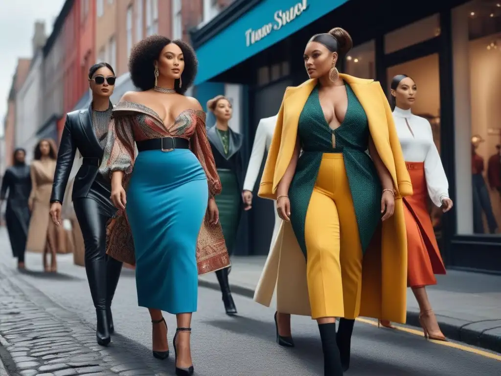 Desfile de moda inclusivo en la ciudad Una imagen vibrante de modelos de moda diversos, empoderados y seguros, luciendo prendas elegantes en la ciudad