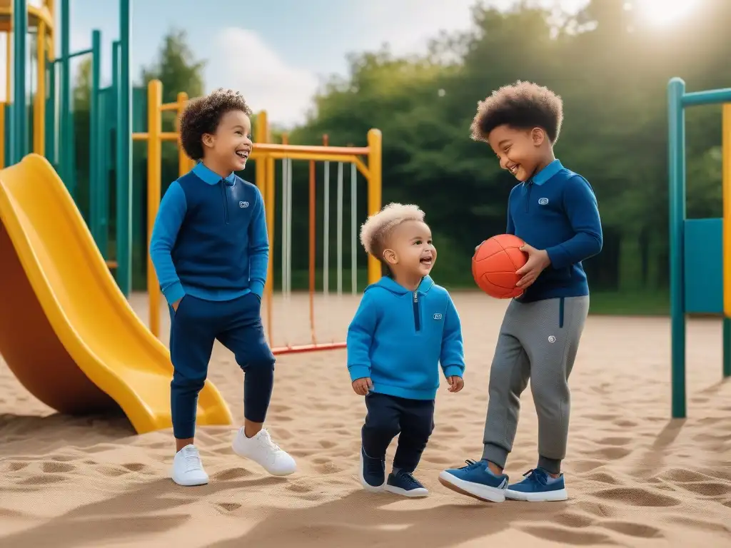 Moda inclusiva: niños felices jugando con ropa adaptada innovadora Una imagen vibrante de niños felices jugando en un parque con ropa adaptativa para niños, destacando la inclusividad y el diseño innovador
