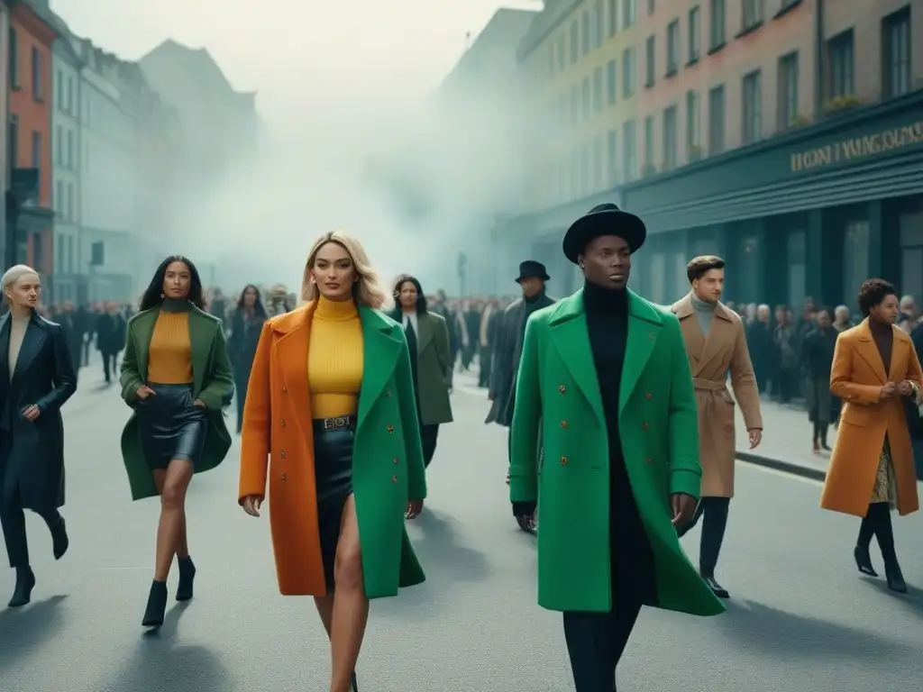 Moda sostenible: diversidad en la ciudad Una imagen vibrante de personas diversas luciendo moda sostenible y alquilada, caminando por la ciudad