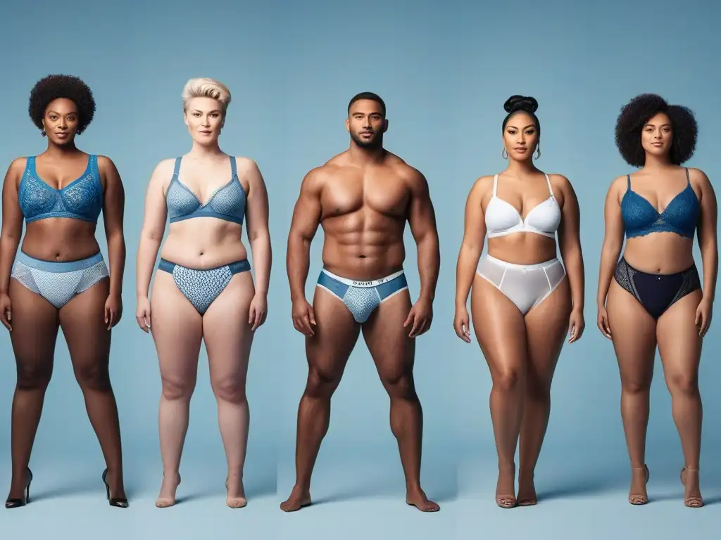 Desfile inclusivo de ropa interior: diversidad y estilo Una imagen vibrante de personas diversas modelando con confianza ropa interior inclusiva para todos, en un estudio moderno y minimalista
