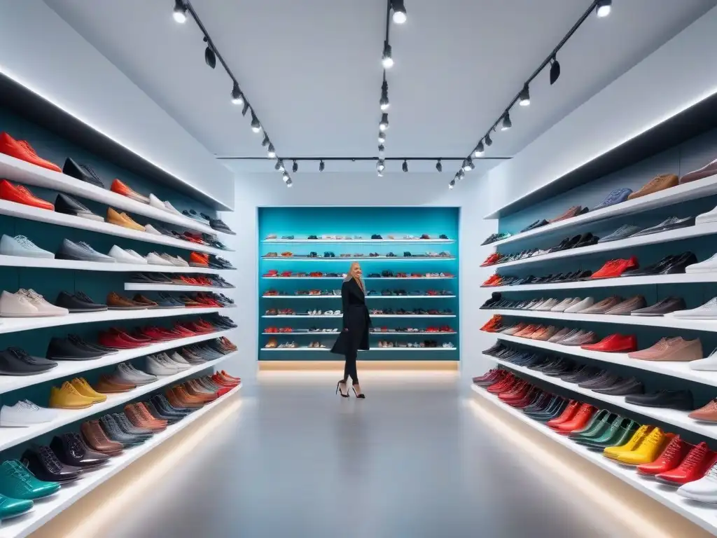 Zapatos inclusivos: diversidad de estilos y tallas para todos Una imagen vibrante de personas probando marcas de calzado inclusivo diverso en una tienda moderna y luminosa