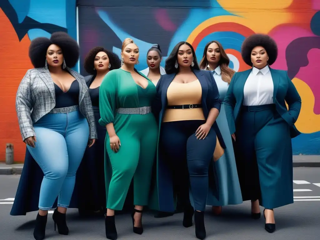 Moda inclusiva: colección única de diseñadores para tallas grandes Una impactante imagen de moda inclusiva con modelos de tallas especiales luciendo colaboraciones de diseñador, en una calle urbana colorida