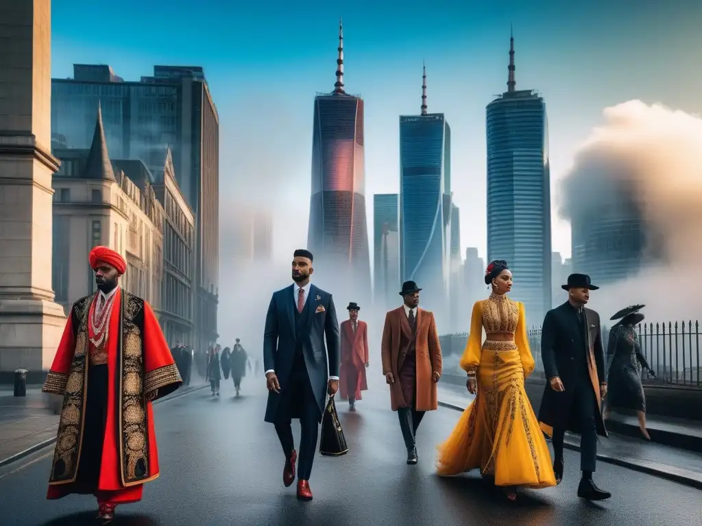 Desfile multicultural en la ciudad: fusión de tradición y modernidad Una impactante imagen de moda urbana con diversidad cultural, reflejando la importancia del lenguaje en moda