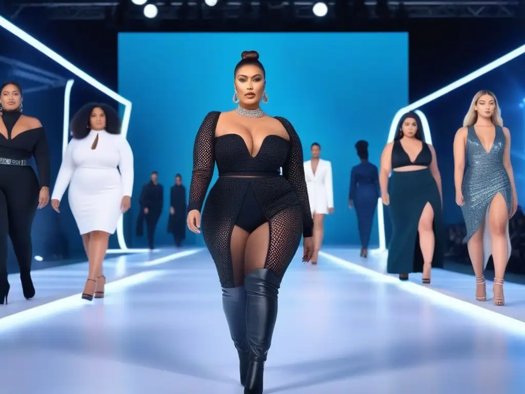 Desfile inclusivo de moda: diversidad y empoderamiento en pasarela digital Una impactante pasarela digital con modelos de tallas especiales, mostrando moda inclusiva y radiando empoderamiento