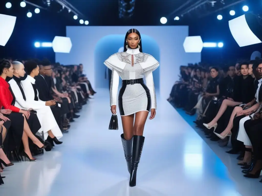 Diseñadores trans y no binarios en pasarela futurista Una impactante pasarela futurista con diseñadores de moda transgénero innovadores presentando sus creaciones vanguardistas