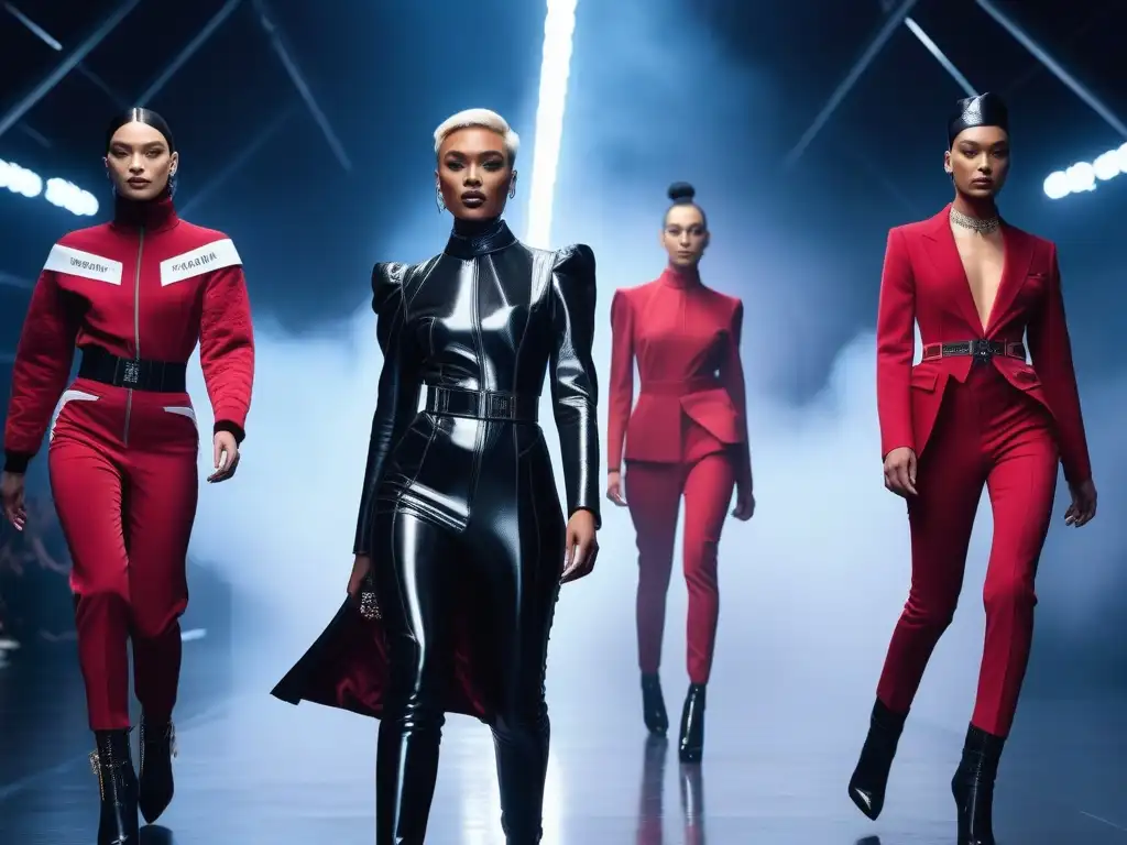 Desfile futurista de moda genderneutral con modelos trans y no binarios Una impactante pasarela futurista con modelos transgénero y no binarios luciendo diseños vanguardistas y genderneutral