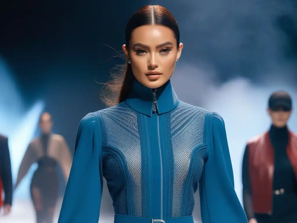 Desfile futurista de moda inclusiva: tecnología y elegancia Una impactante pasarela futurista con modelos de diversas capacidades luciendo moda adaptativa tecnología inclusiva