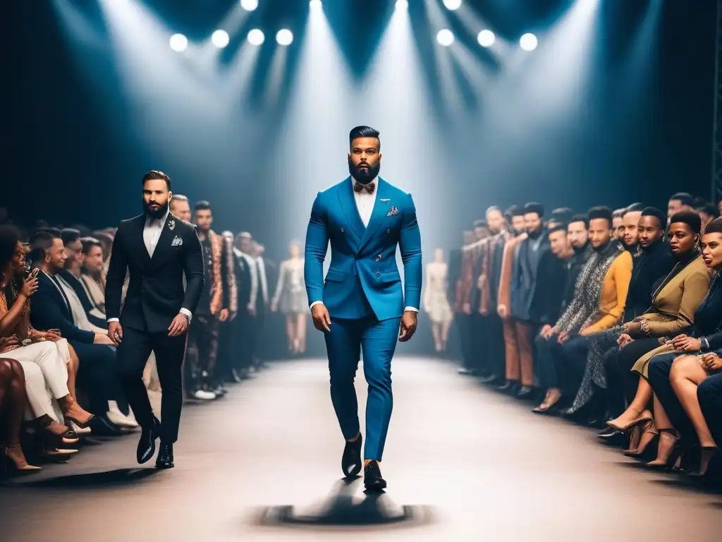 Desfile de moda inclusivo con hombres seguros y estilosos Una impactante pasarela de moda masculina inclusiva con hombres diversos luciendo atuendos modernos y únicos