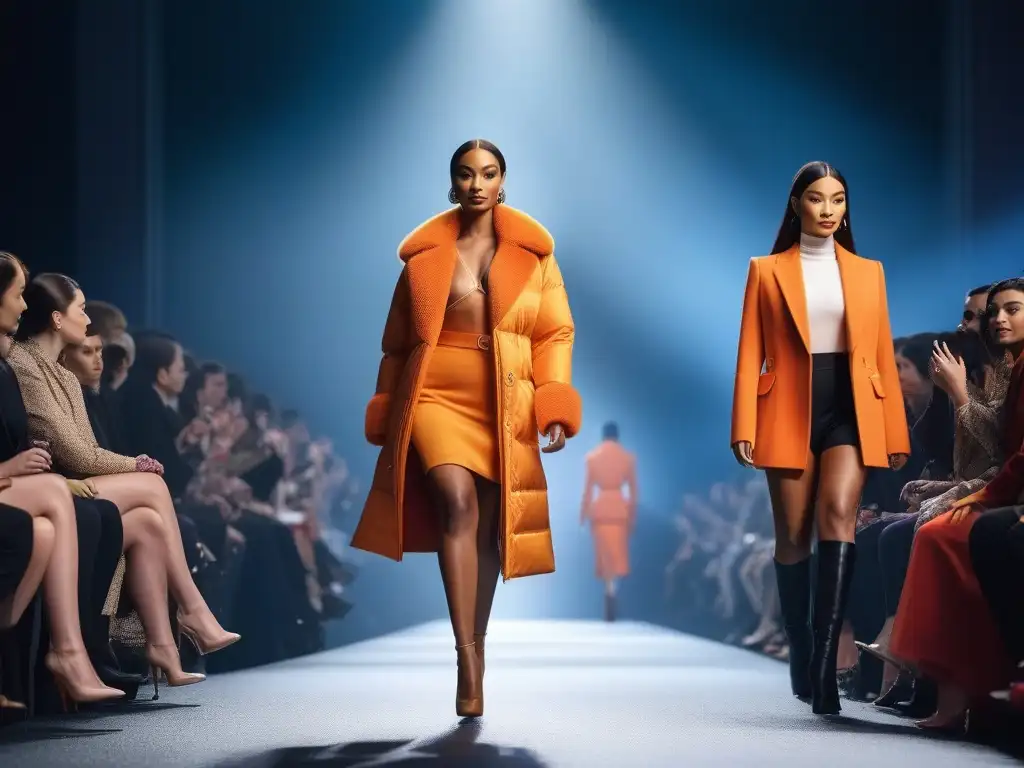 Desfile de moda inclusivo y chic: modelos petite empoderadas en la pasarela Una impactante pasarela de moda Petite, con modelos diversas desfilando con confianza y estilo bajo luces de ciudad vibrantes