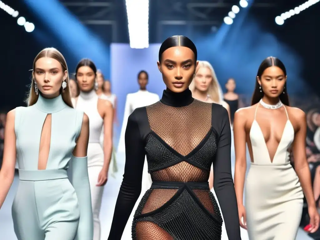 Desfile de moda sostenible: diversidad, innovación y elegancia Una impactante pasarela de moda con modelos de diferentes cuerpos luciendo diseños sostenibles