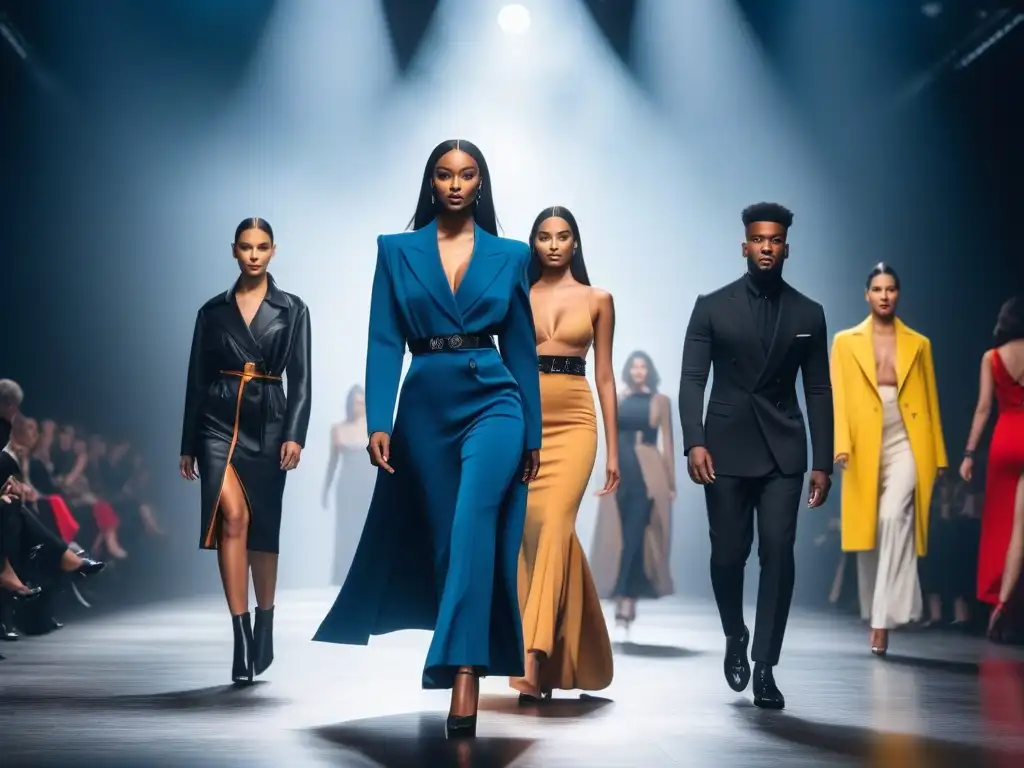 Desfile de moda con modelos altos en colección colaborativa Una impactante pasarela de moda con modelos altos desfilando colaboraciones trendy, derrochando actitud y altura