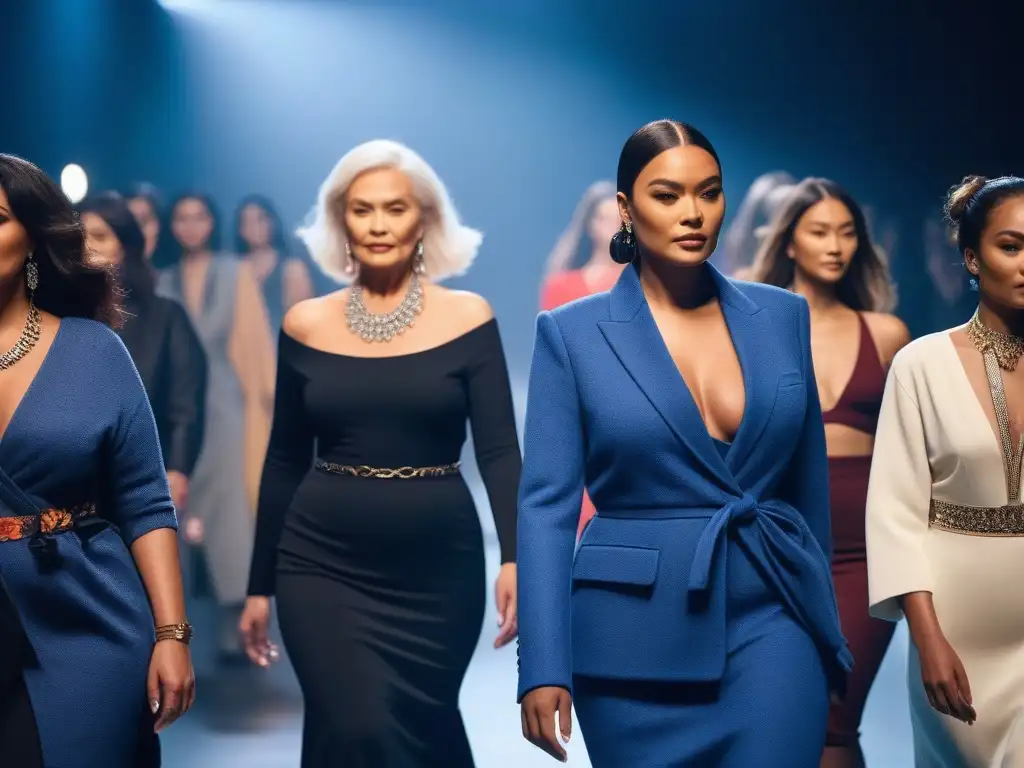Desfile de moda inclusivo con modelos diversos y trendy Una impactante pasarela con modelos diversos desfilando con confianza, luciendo moda inclusiva