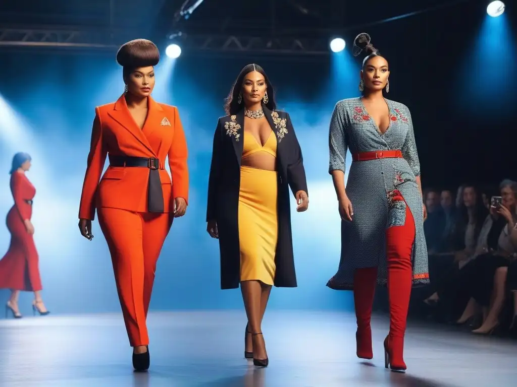 Desfile de moda inclusivo con modelos seguros y elegantes Una impactante pasarela de modelos diversos y estilosos, representando la moda ética y la revolución de tallas específicas