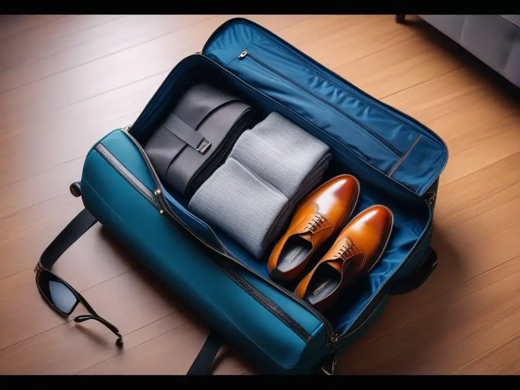 Maleta de viaje organizada: eficiencia y estilo Organización impecable en maleta de viaje: outfits doblados, artículos aseo compactos y zapatos versátiles