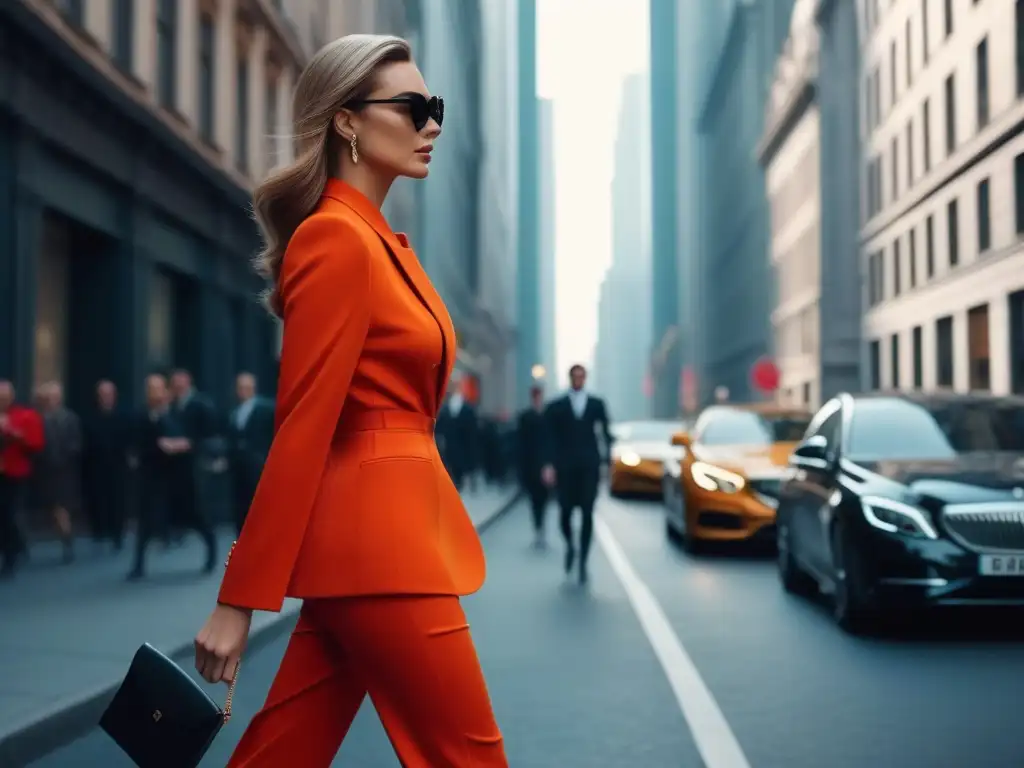 Modelo elegante en traje moderno pasea por la ciudad Imponente modelo recreando looks icónicos de moda Tall, caminando con confianza por una bulliciosa calle de la ciudad